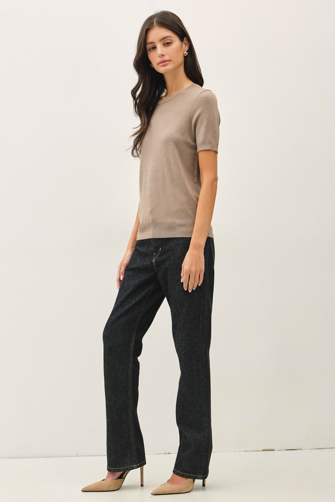 Heather Mocha Basic Short Sleeve Sweater Top