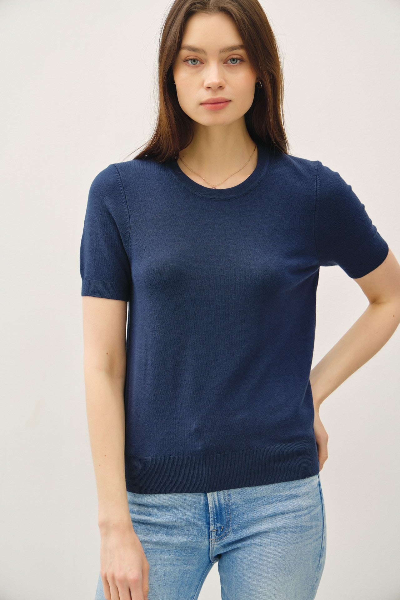 Navy Basic Short Sleeve Sweater Top