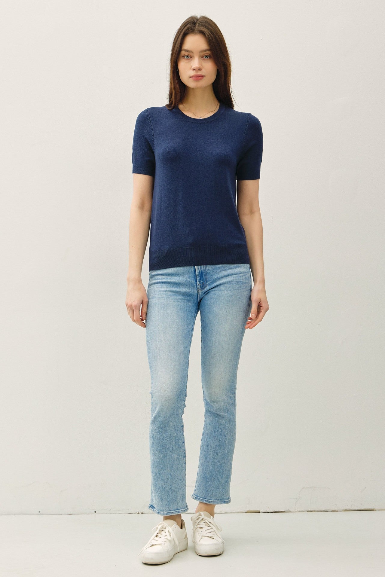 Navy Basic Short Sleeve Sweater Top