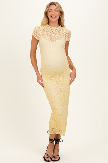 Yellow Sheer Lace Overlay Short Sleeve Maternity Midi Dress