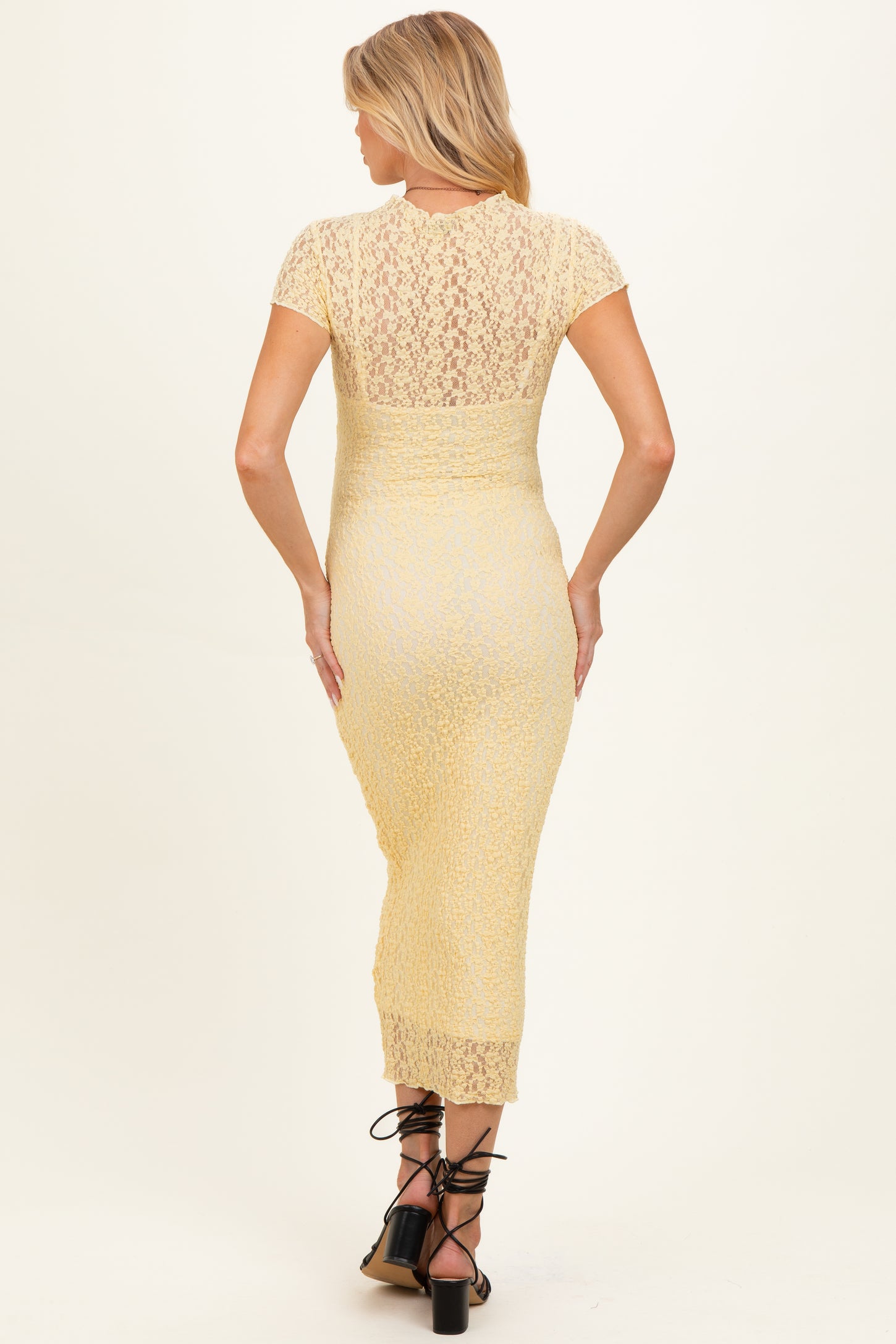 Yellow Sheer Lace Overlay Short Sleeve Maternity Midi Dress