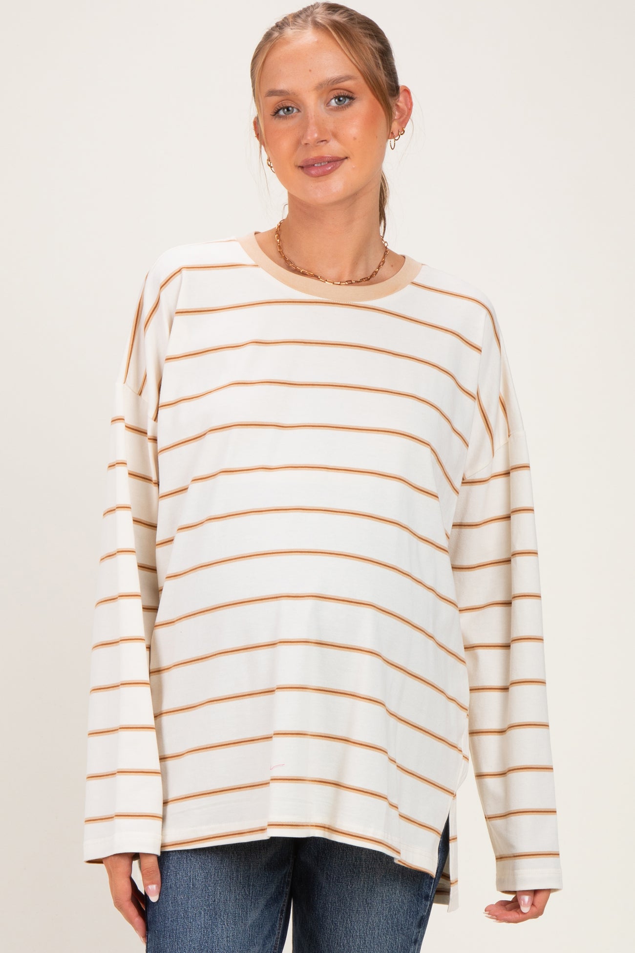 Taupe Striped Oversized Maternity Long Sleeve Top