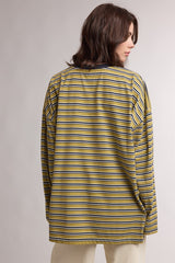 woman wearing a yellow and navy striped long sleeve top, viewed from the back