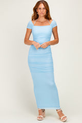 Light Blue Mesh Ruched Maternity Maxi Dress