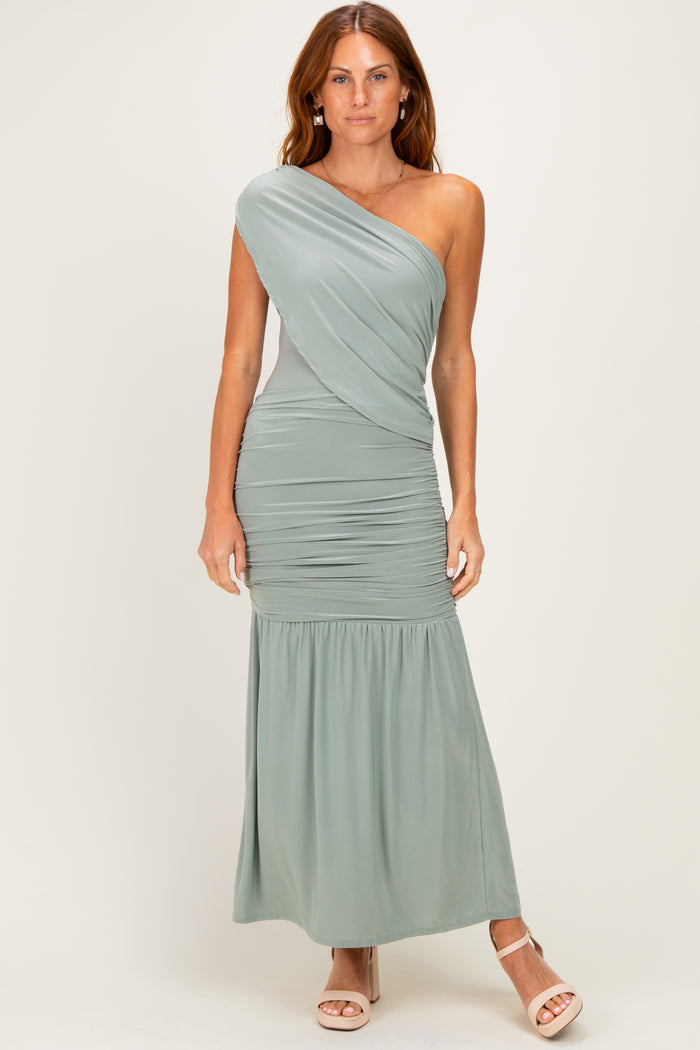 Sage One Shoulder Ruched Maternity Maxi Dress