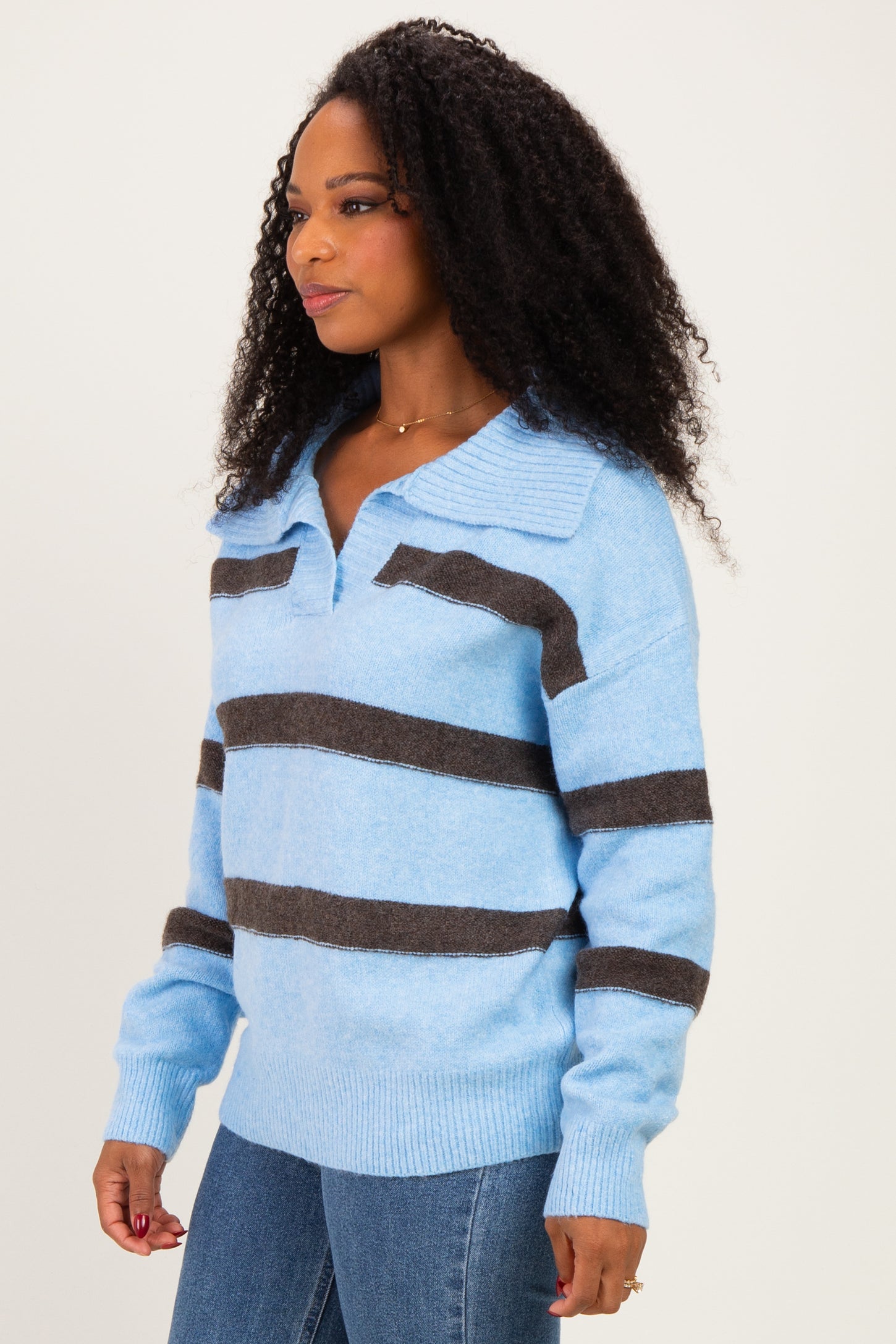 Blue Striped Collared Relaxed Sweater