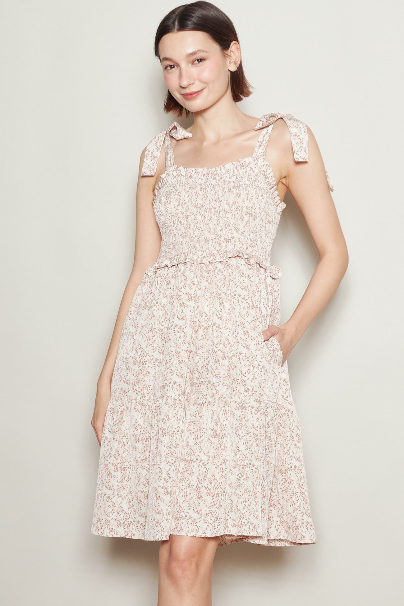 Latte Floral Smocked Shoulder Tie Maternity Dress