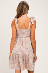 Latte Floral Smocked Shoulder Tie Maternity Dress