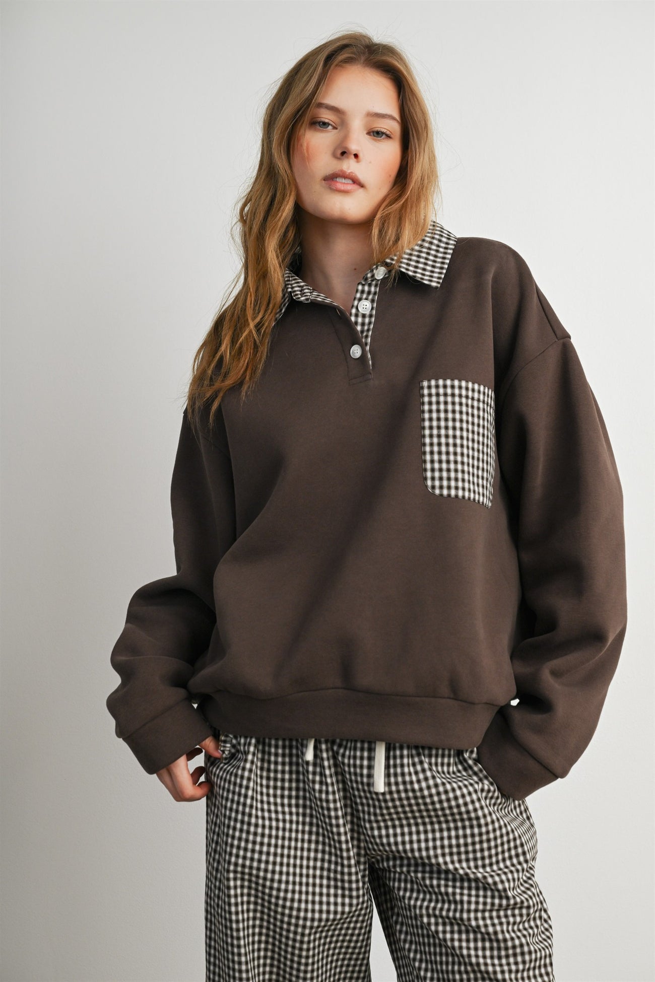Brown Checker Plaid Collared Sweatshirt