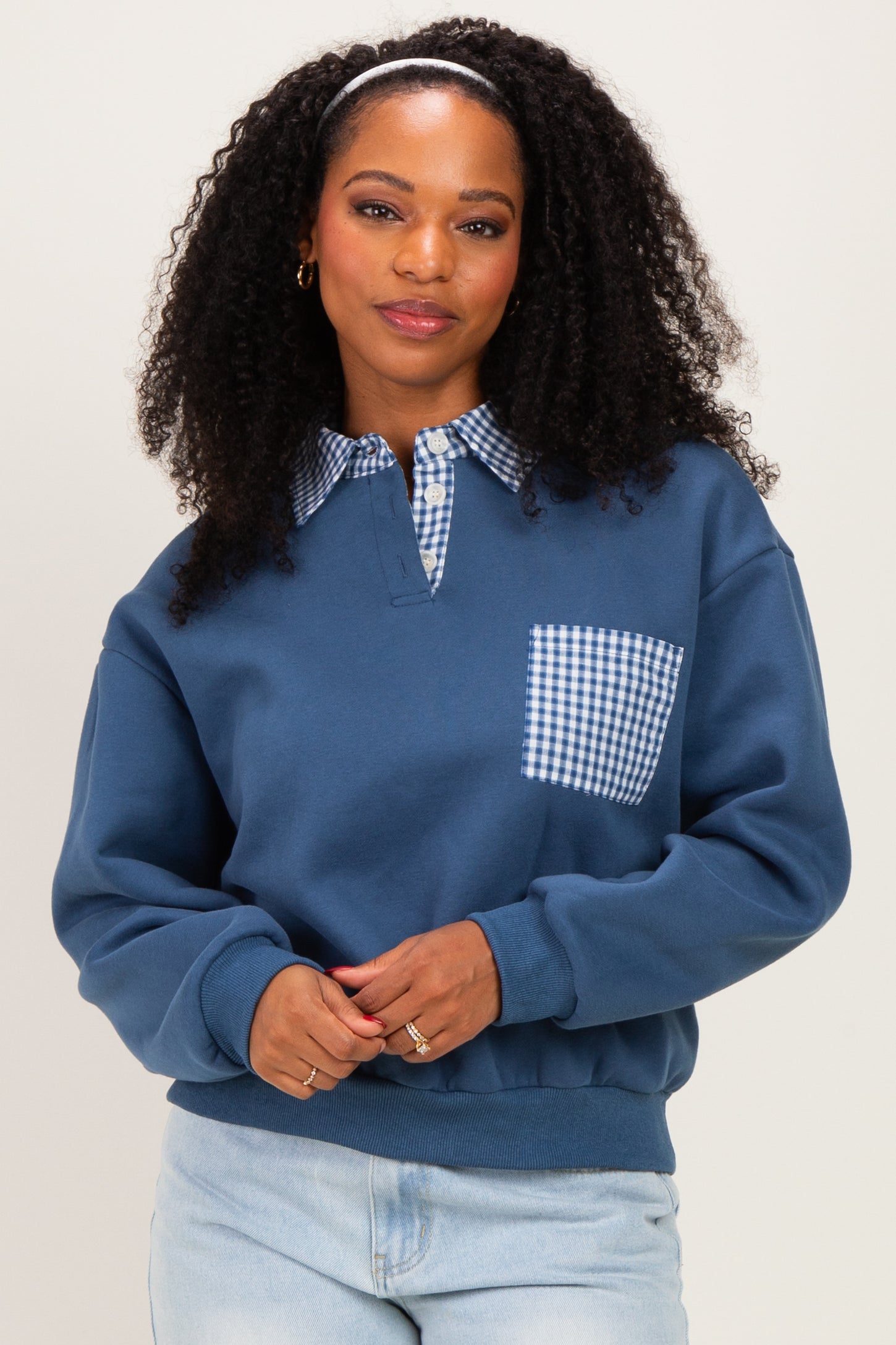 Navy Checker Plaid Collared Sweatshirt