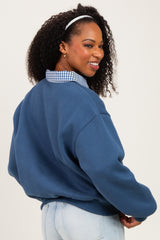 Navy Checker Plaid Collared Sweatshirt