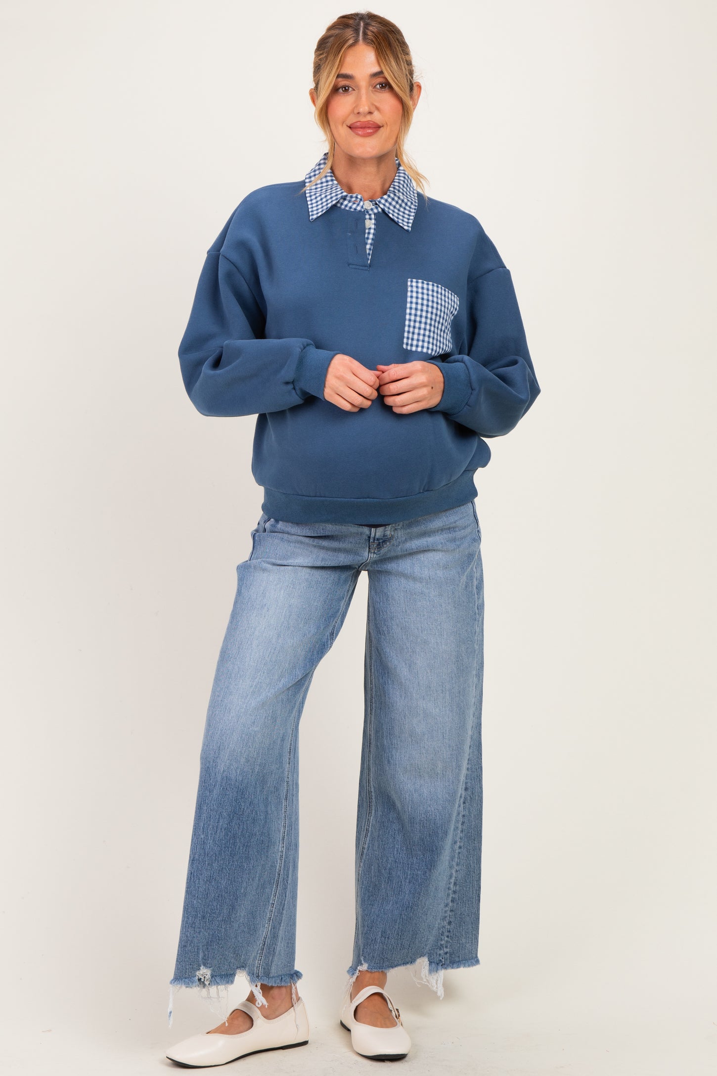 Navy Checker Plaid Collared Maternity Sweatshirt