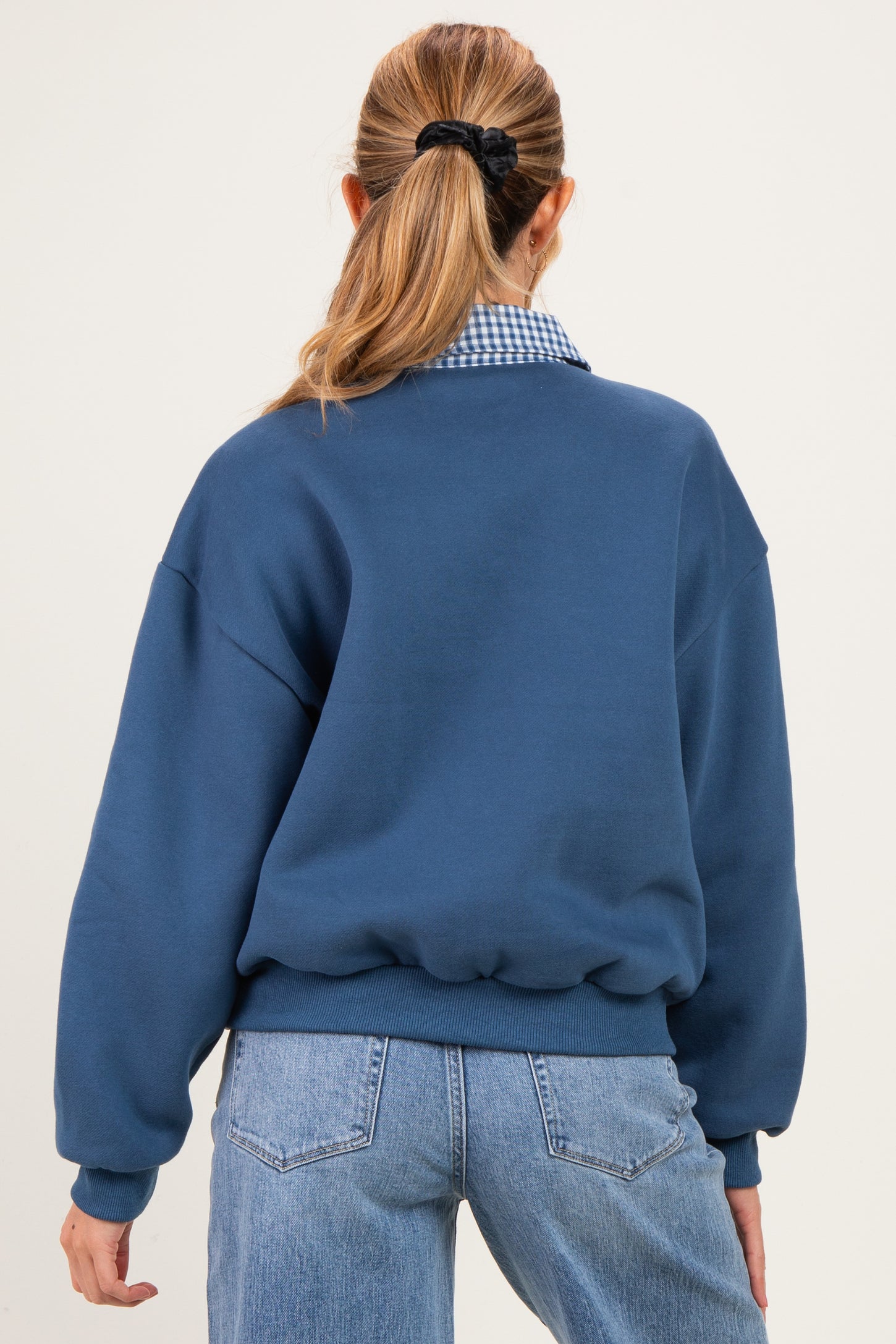 Navy Checker Plaid Collared Maternity Sweatshirt