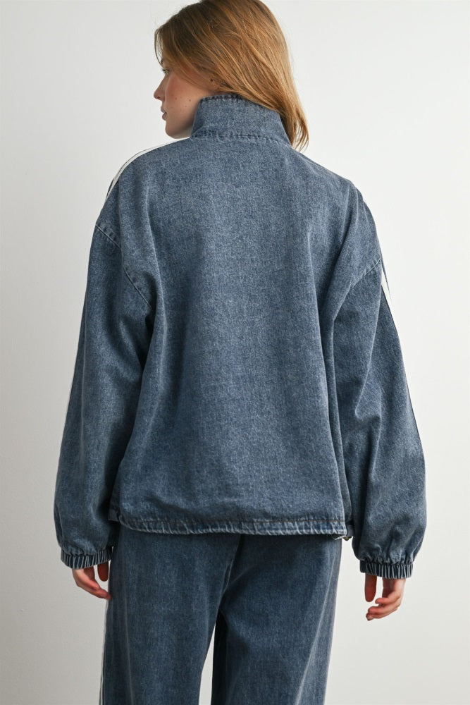 Medium Denim Oversized Zip-Up Track Jacket