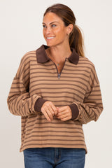 Khaki Striped Long Sleeve Maternity Polo Shirt