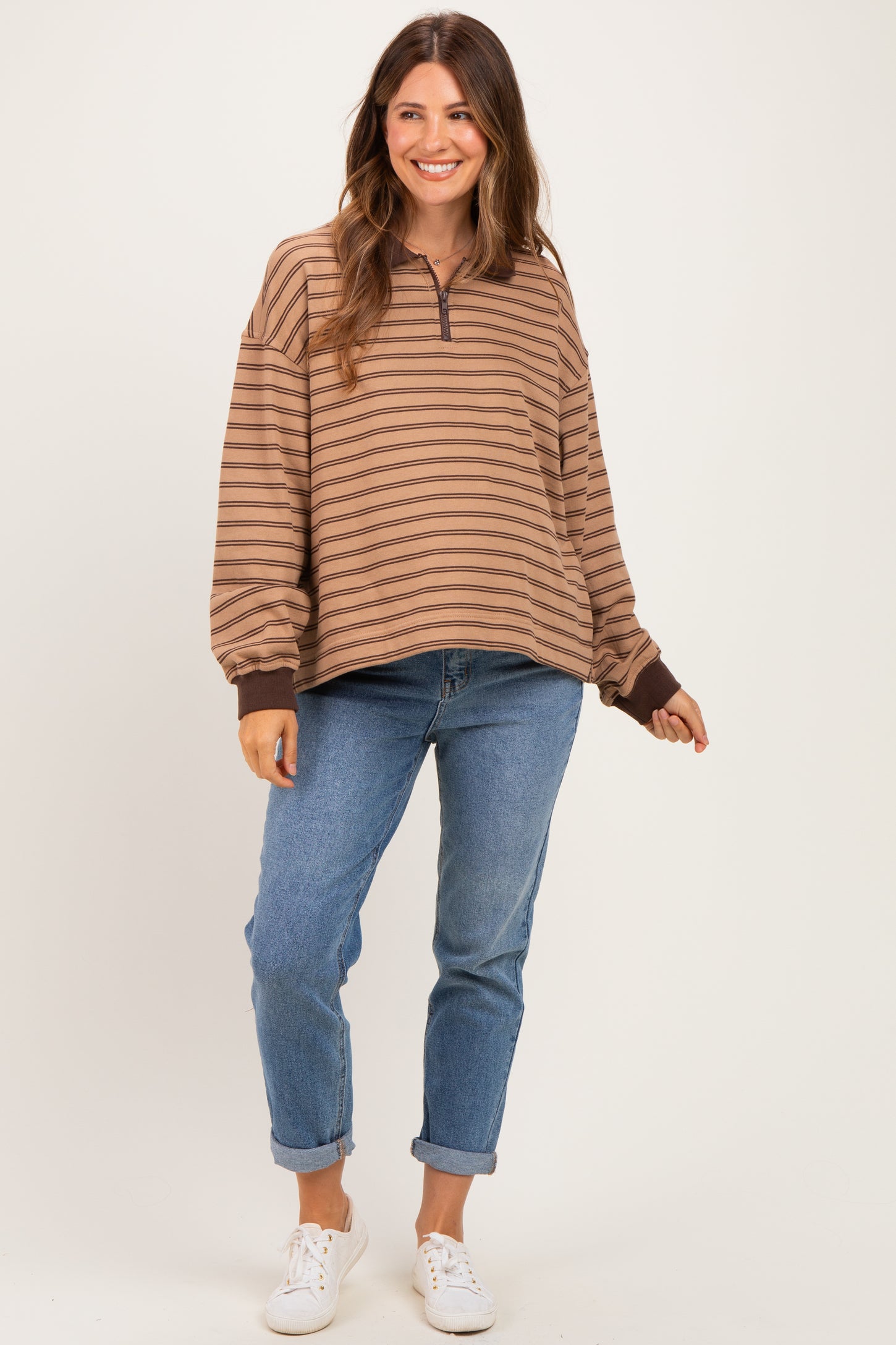 Khaki Striped Long Sleeve Maternity Polo Shirt