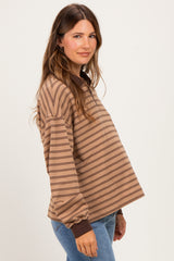Khaki Striped Long Sleeve Maternity Polo Shirt