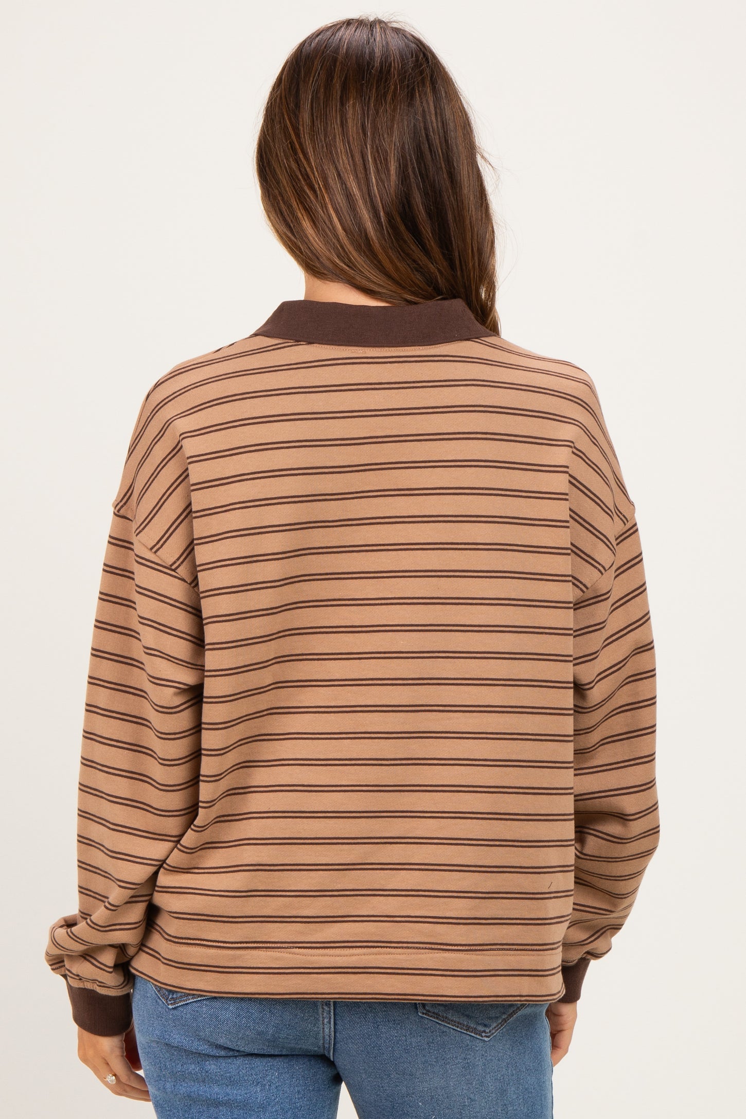 Khaki Striped Long Sleeve Maternity Polo Shirt