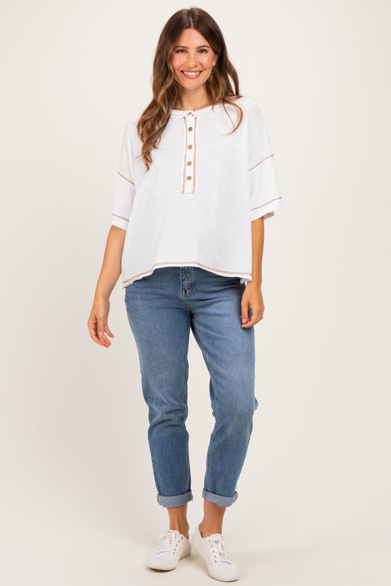 White Slub Knit Oversized Button Up Maternity Top
