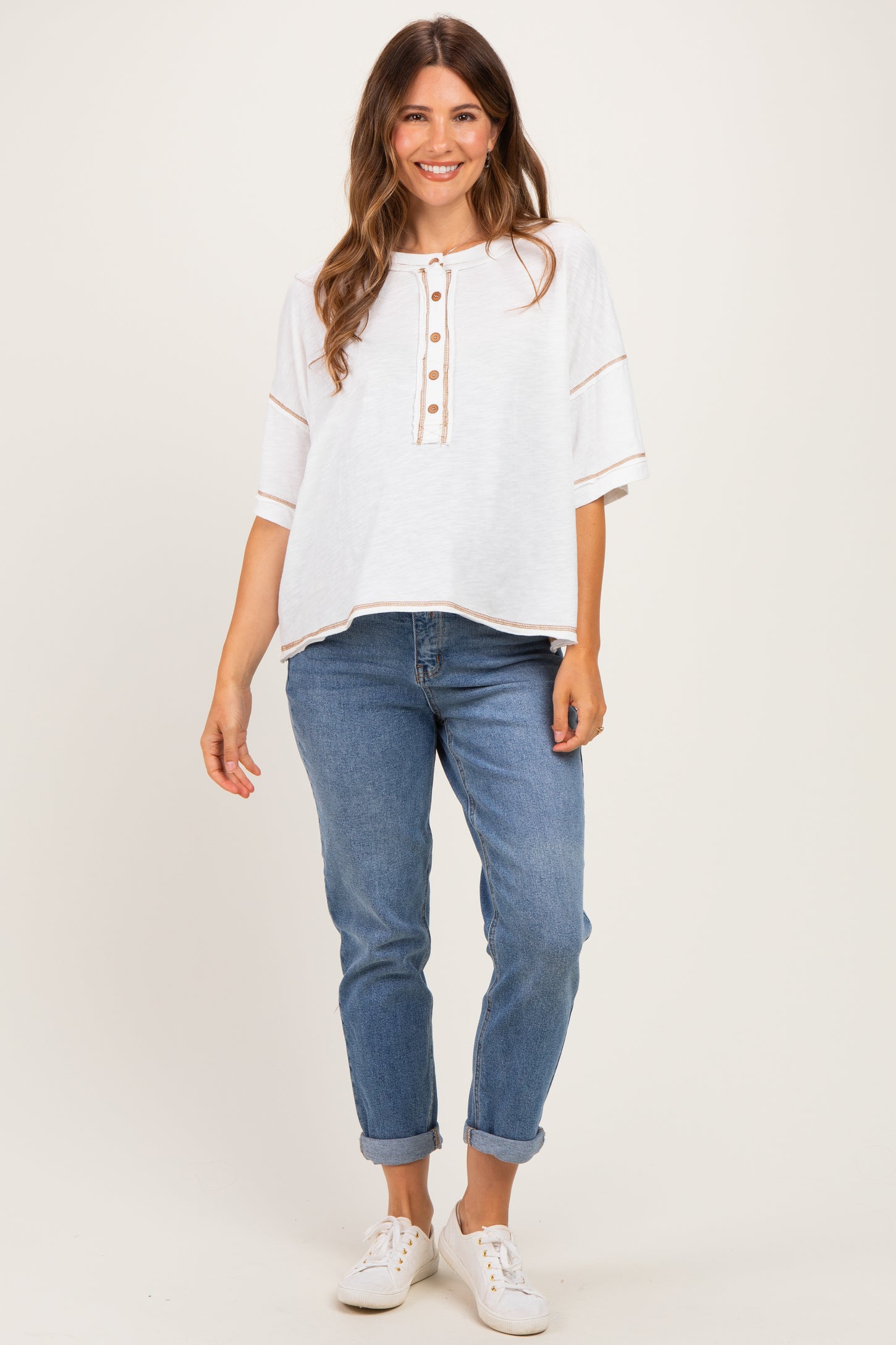 White Slub Knit Oversized Button Up Maternity Top