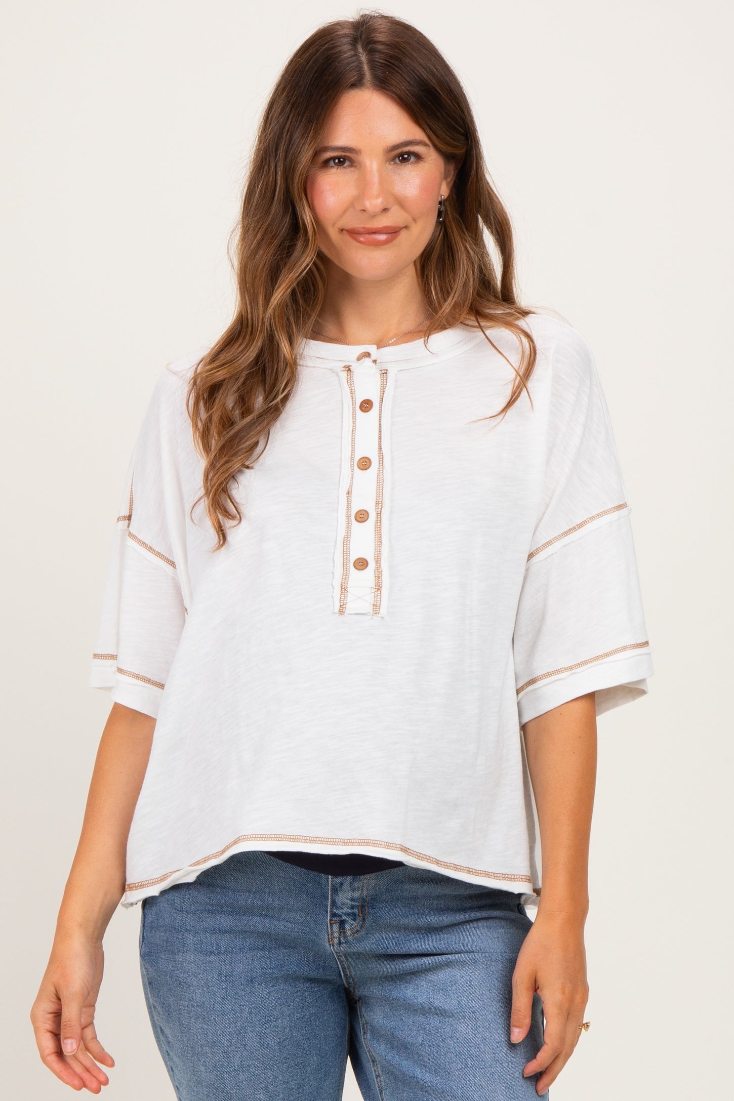 White Slub Knit Oversized Button Up Maternity Top