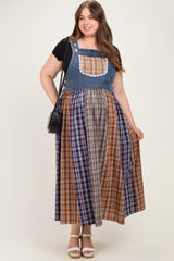 Washed Denim Mixed Plaid Maternity Plus Overall Dress