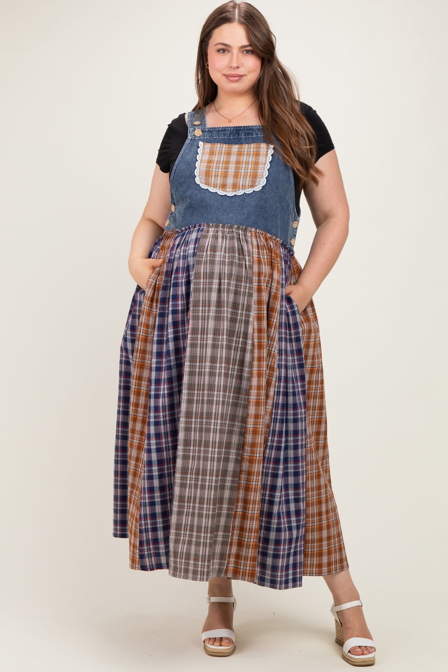 Washed Denim Mixed Plaid Maternity Plus Overall Dress
