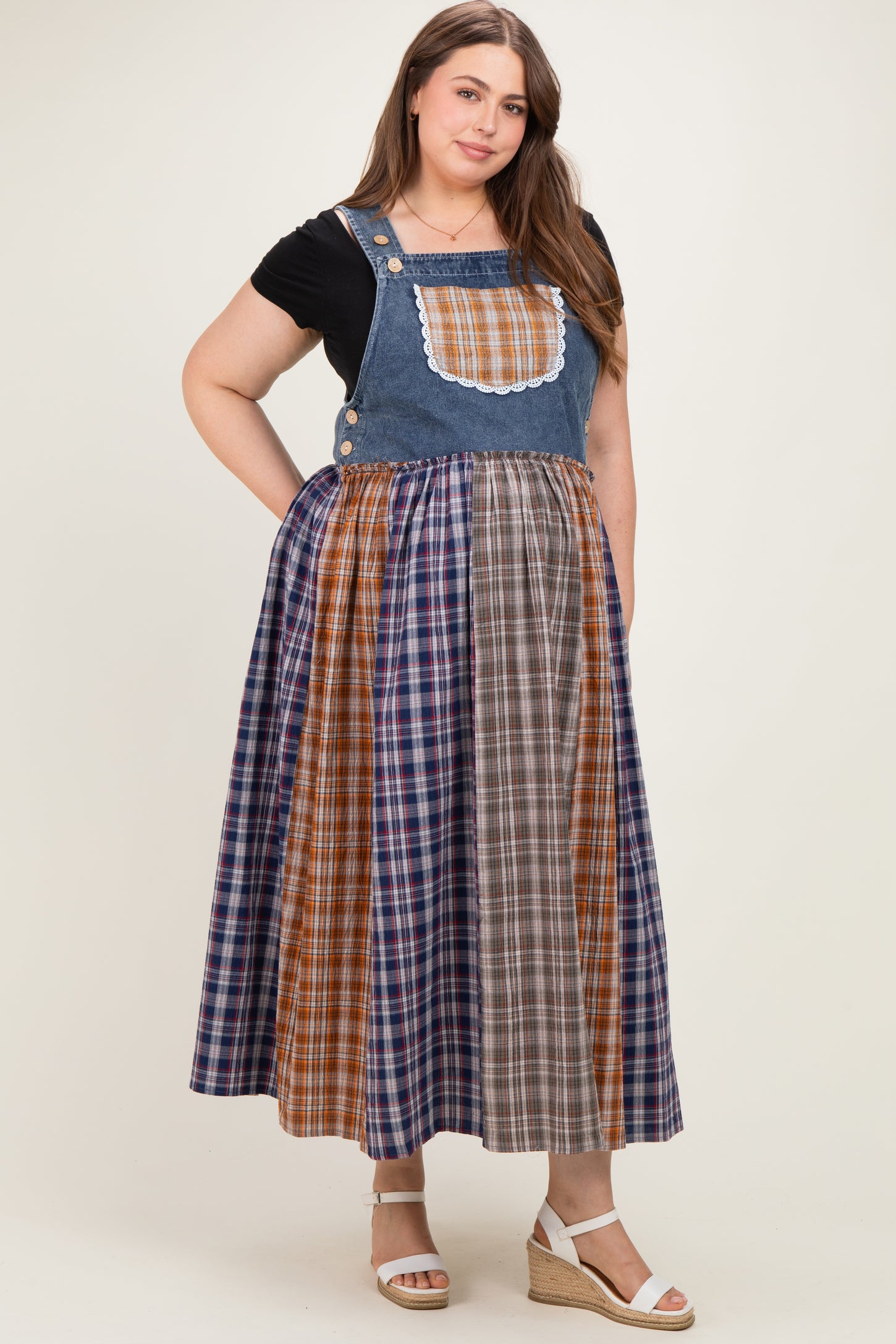 Washed Denim Mixed Plaid Maternity Plus Overall Dress