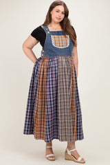 Washed Denim Mixed Plaid Maternity Plus Overall Dress