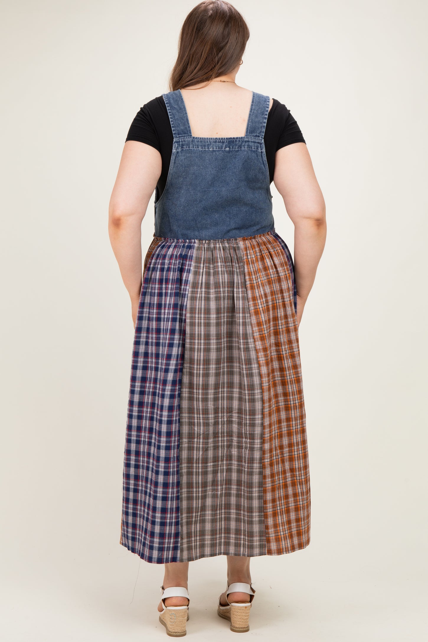 Washed Denim Mixed Plaid Maternity Plus Overall Dress