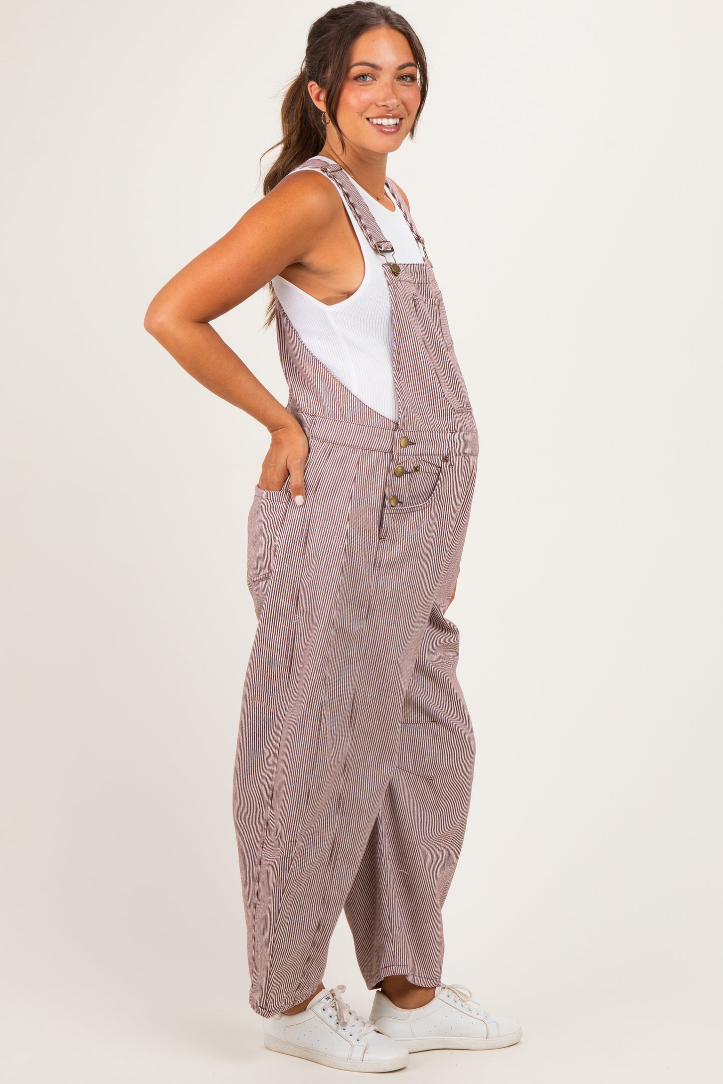 Brown Pinstriped Barrel-Leg Maternity Overalls