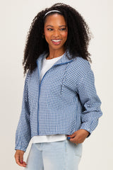 Navy Checkered Plaid Hooded Zip-Up Jacket