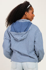 Navy Checkered Plaid Hooded Zip-Up Jacket