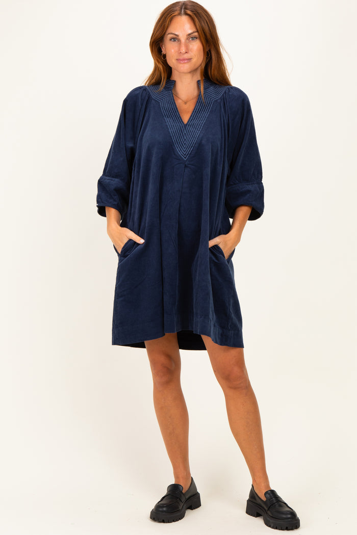 Navy Corduroy Contrast Stitched Maternity Dress