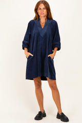 Navy Coduroy Contrast Stitched Dress