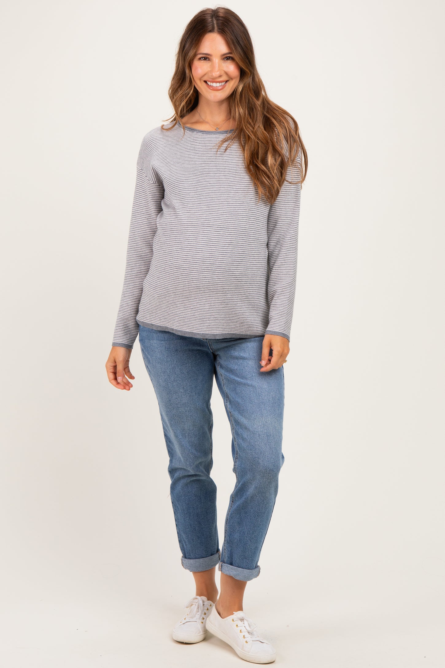 Grey Striped Waffle Knit Maternity Sweater