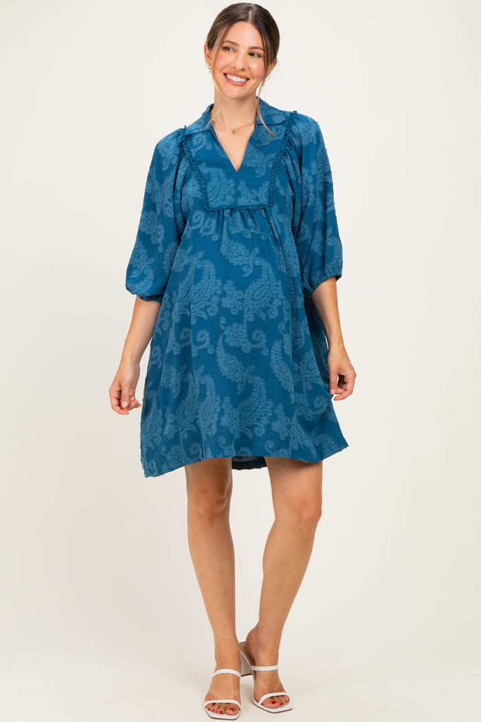 Blue Paisley Puff Sleeve Maternity Dress
