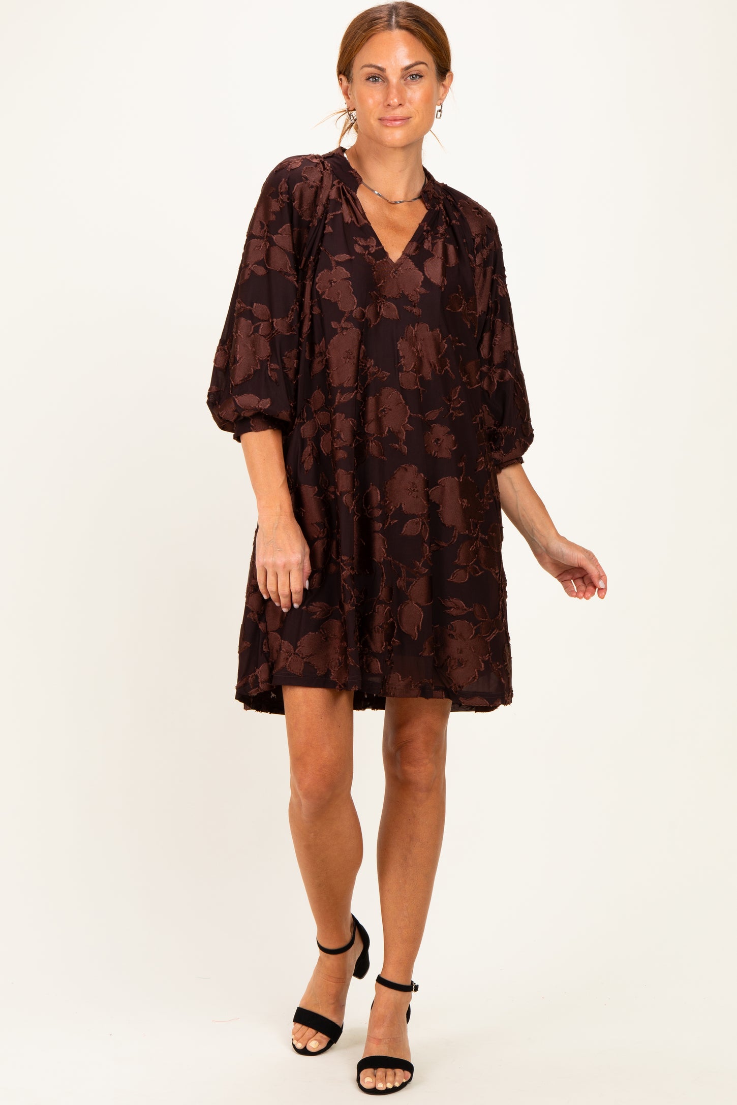 Brown Floral Velvet Dress