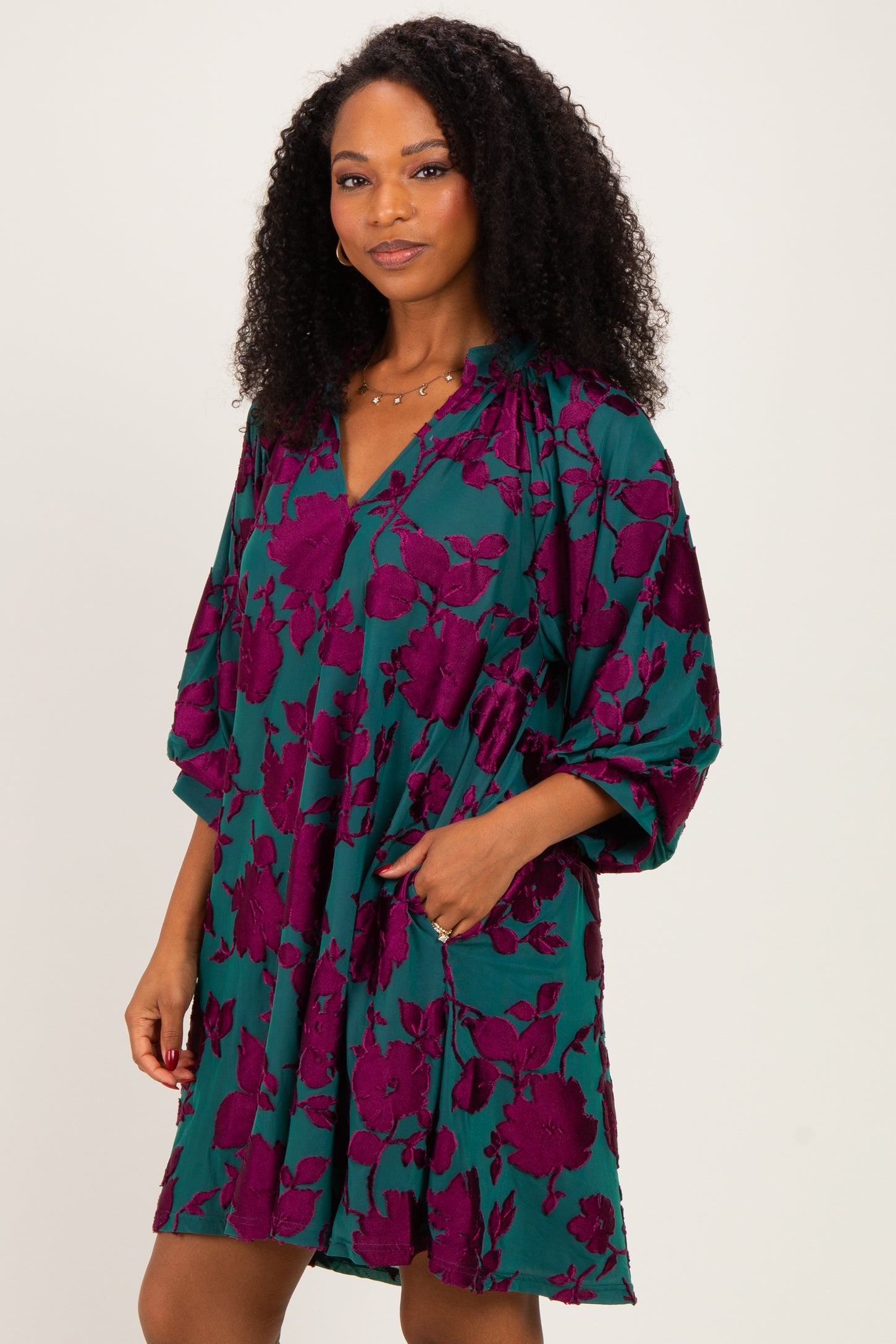 Teal Floral Velvet Dress