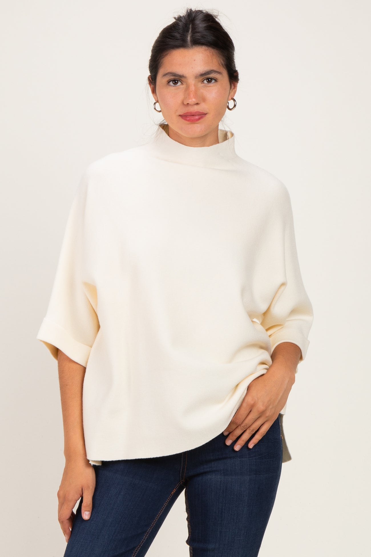 Cream Mock Neck Dolman Short Sleeve Maternity Top