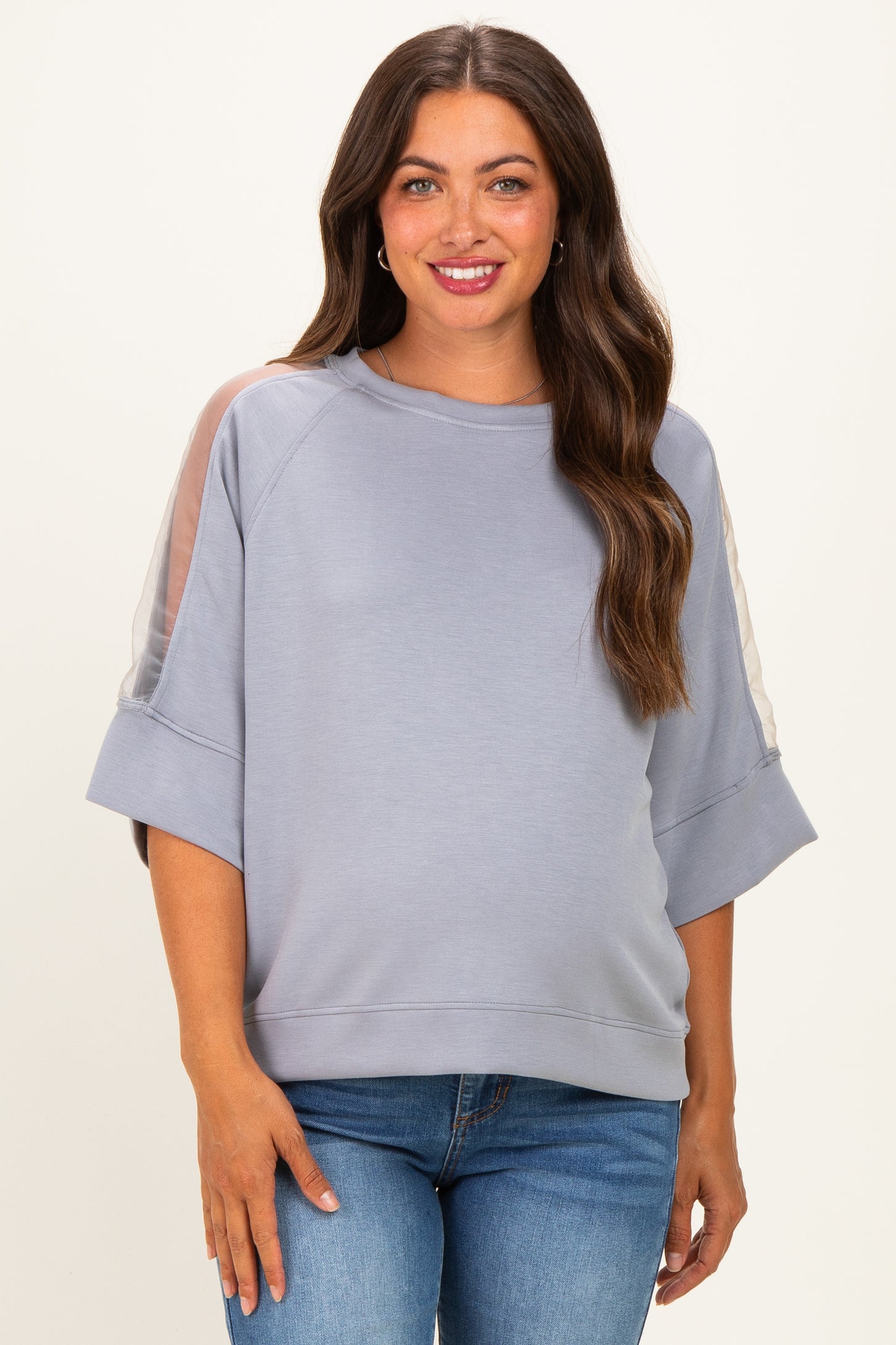 Grey Mesh Shoulder Short Sleeve Maternity Top