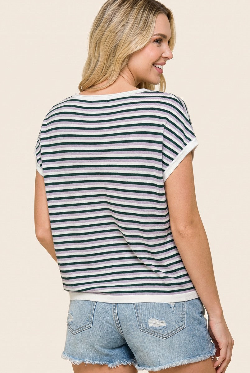 Lavender Striped Short Sleeve Sweater Top