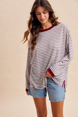 Grey Striped Slub Jersey Oversized Maternity Long Sleeve