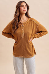 Burnt Camel Ribbed Jersey Oversized Henley