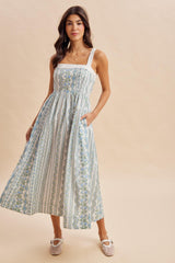 French Blue Column Floral Print Maxi Dress
