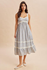 Vintage Blue Lace Floral Tie Back Midi Dress