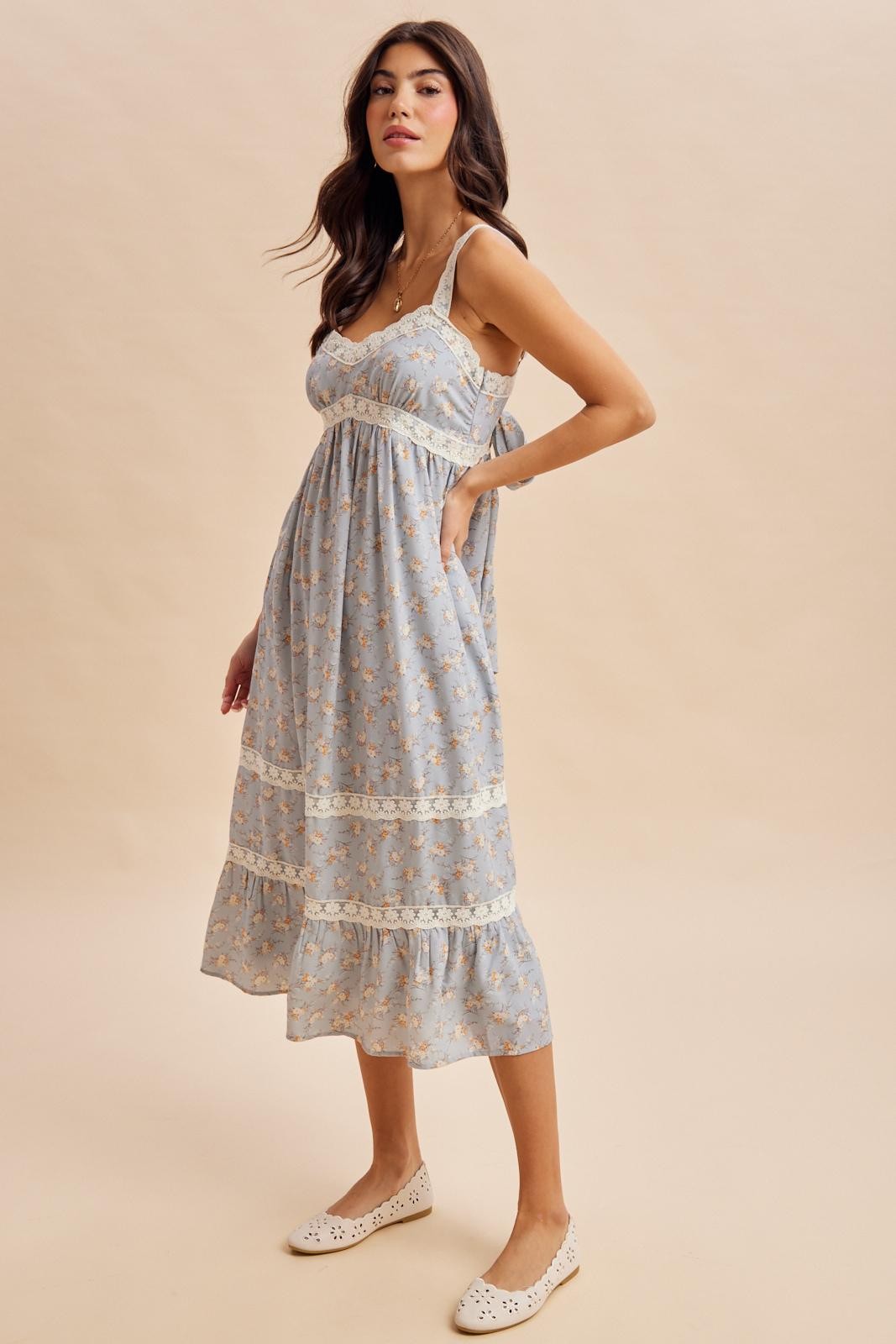 Vintage Blue Lace Floral Tie Back Midi Dress