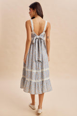 Vintage Blue Lace Floral Tie Back Midi Dress