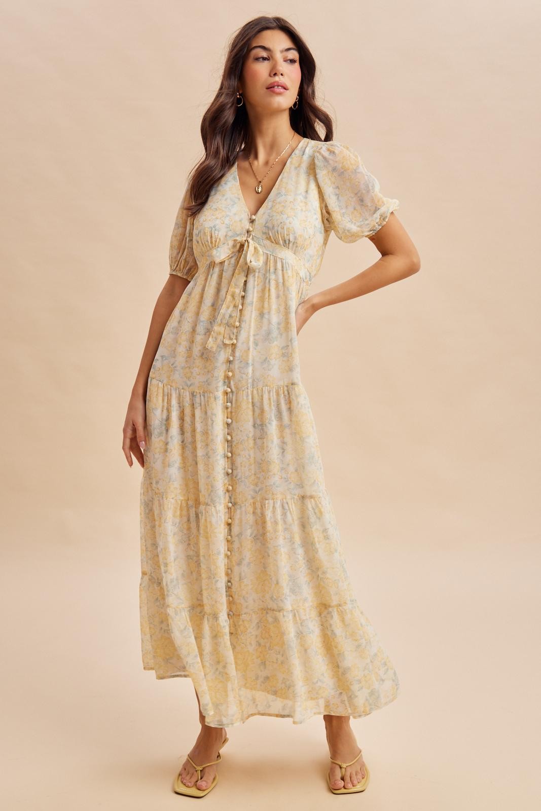Daffodil Floral Button Down Front TieMaxi Dress