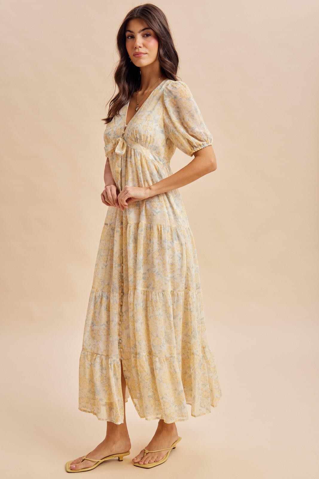 Daffodil Floral Button Down Front TieMaxi Dress
